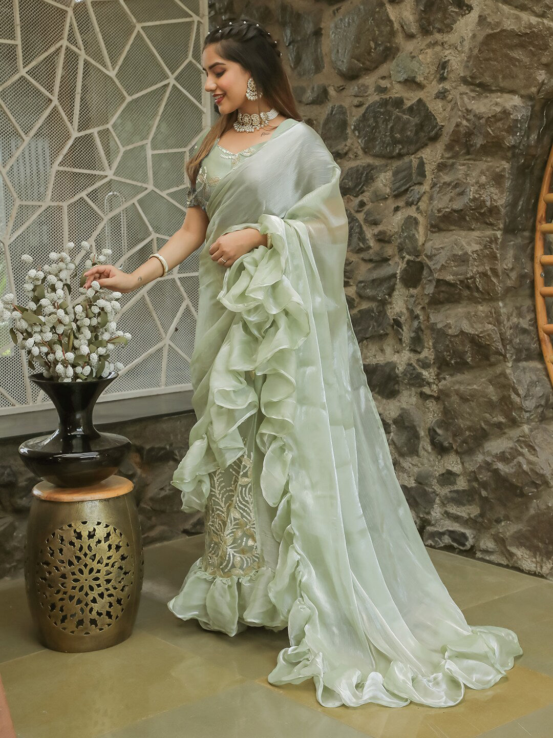 Tikhi Imli Embellished Sequinned Ruffled Ready to Wear Satin Saree - Distacart