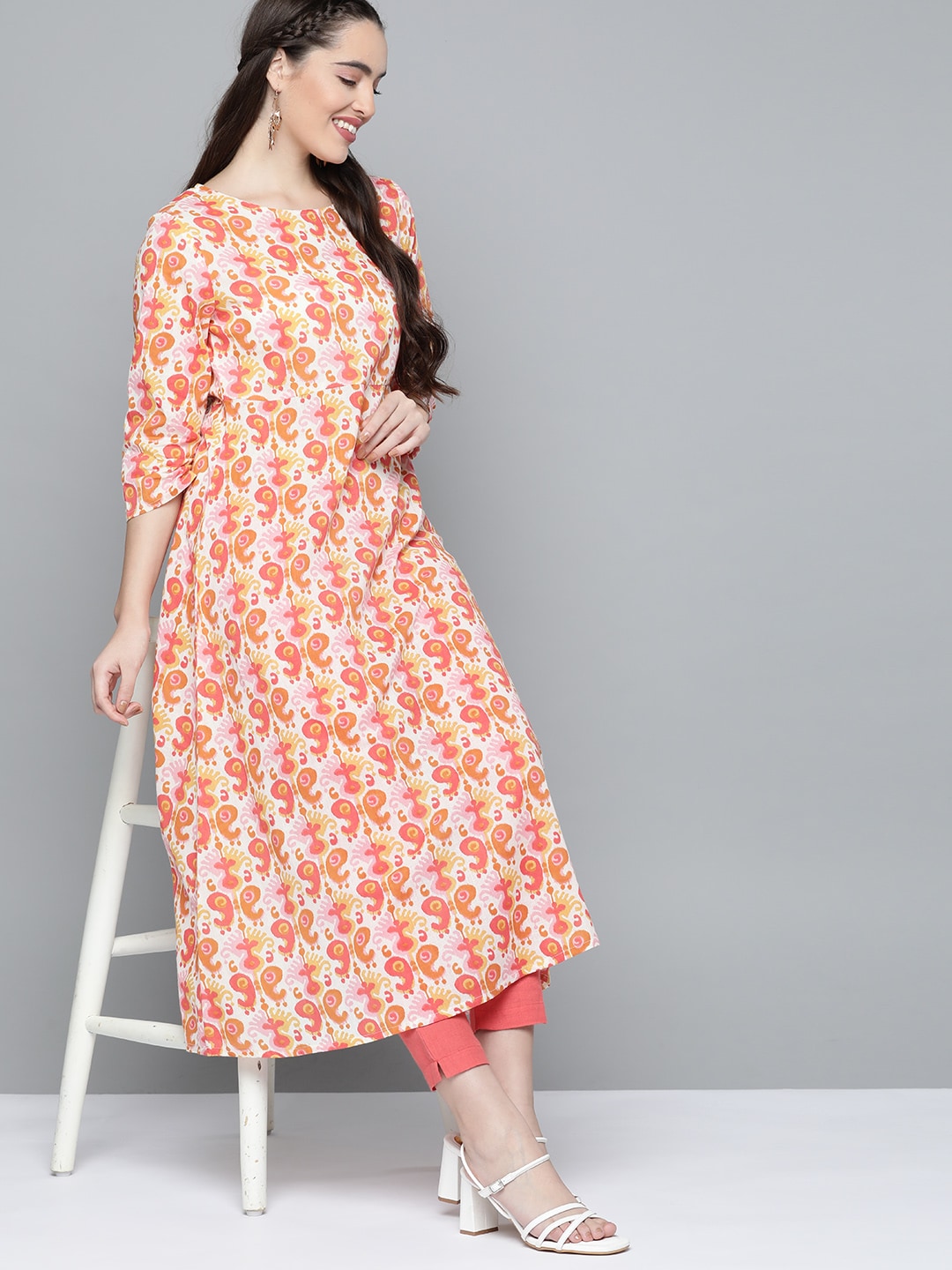 HERE&NOW Women Orange & White Ethnic Motifs Printed Kurta - Distacart