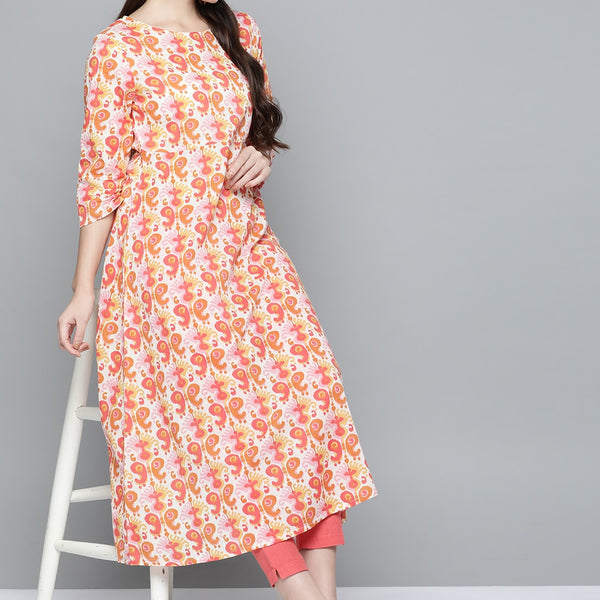 HERE&NOW Women Orange & White Ethnic Motifs Printed Kurta - Distacart