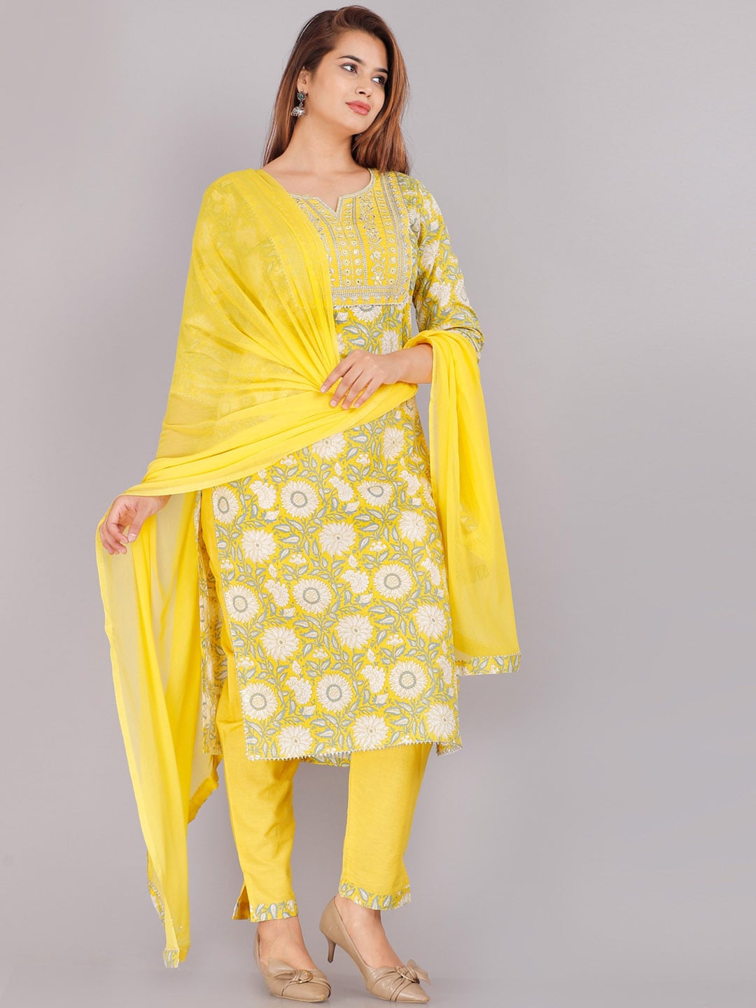 Kalini Women Yellow Floral Printed Pure Cotton Kurta with Trousers & Dupatta - Distacart