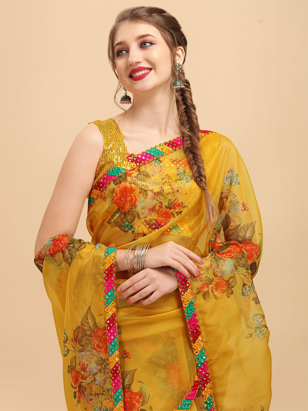 Sangria Mustard & Orange Floral Mirror Work Organza Saree - Distacart