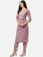 Thumbnail for HERE&NOW Women Mauve Embroidered Pleated Mirror Work Kurta with Trousers - Distacart