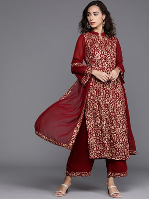 Libas Maroon & Golden Embroidered Kurta with Palazzos & Dupatta - Distacart