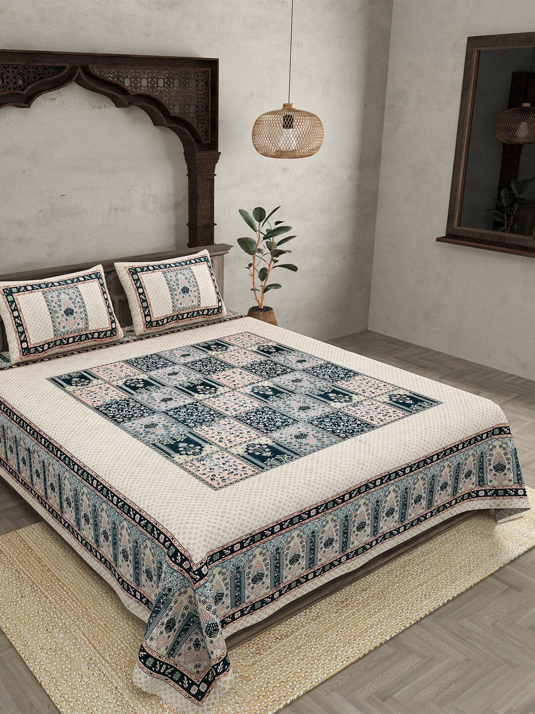 JAIPUR FABRIC Beige & Green Ethnic Motifs Cotton 210 TC Queen Bedsheet & 2 Pillow Covers - Distacart