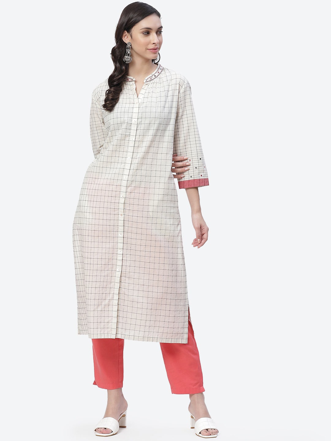 Biba Women White Checked Thread Work Kurta - Distacart