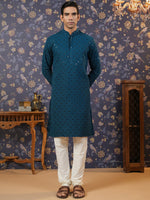 Thumbnail for House of Pataudi Ethnic Motifs Embroidered Sequinned Straight Kurta With Churidar - Distacart