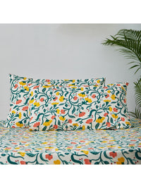 Thumbnail for Chumbak White & Yellow Floral 136 TC Cotton 1 Queen Bedsheet with 2 Pillow Covers - Distacart