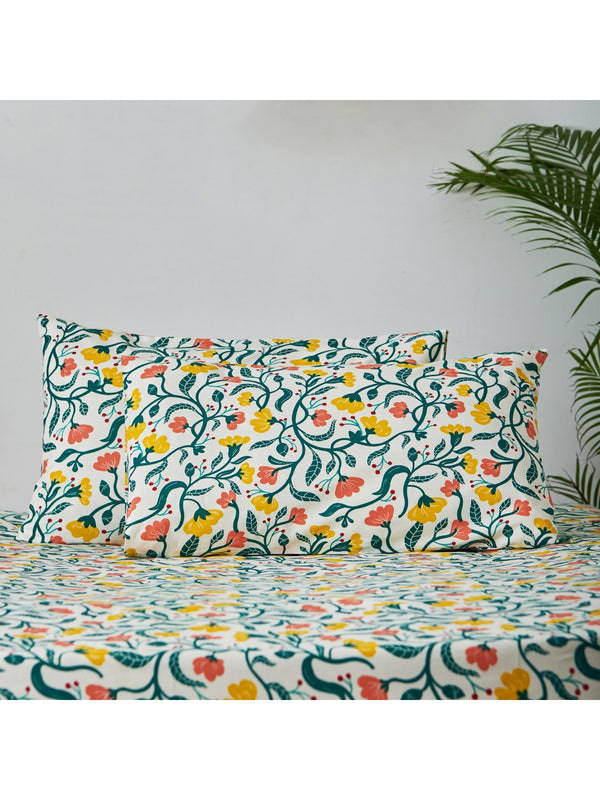 Chumbak White & Yellow Floral 136 TC Cotton 1 Queen Bedsheet with 2 Pillow Covers - Distacart