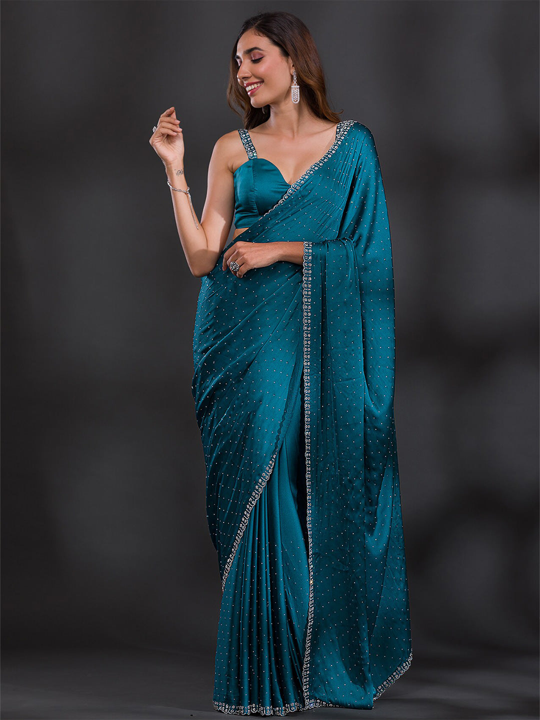 Koskii Embellished Beads and Stones Satin Saree - Distacart
