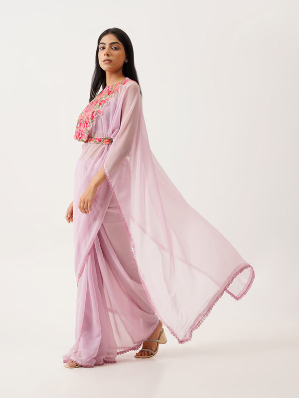 Tikhi Imli Lavender & Pink Floral Embroidered Belted Saree - Distacart