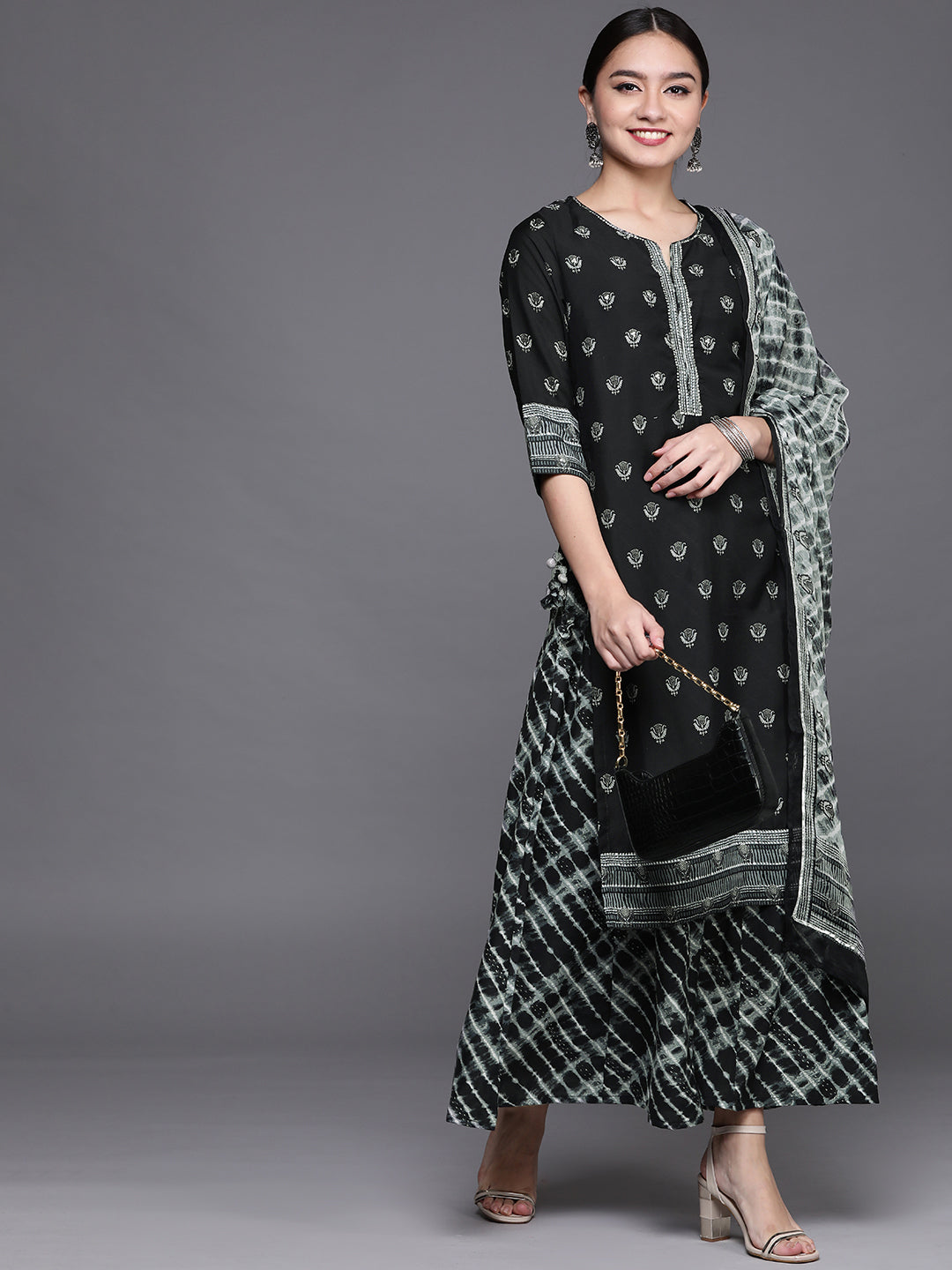 Biba Women Black & Grey Ethnic Printed Regular Kurta with Palazzos & Dupatta - Distacart