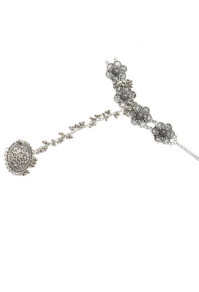 Mominos Fashion Kamal Johar Oxidised Silver-Plated Floral Design Bracelet