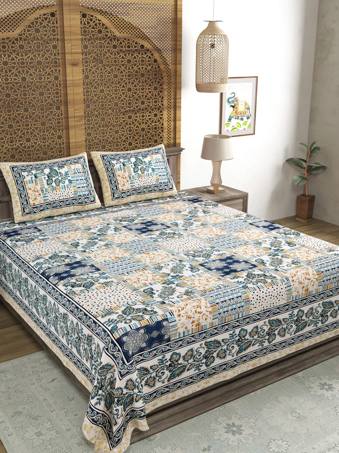 Sangria Blue & Brown Printed Cotton 210TC Double King Bedsheet With 2 Pillow Covers - Distacart