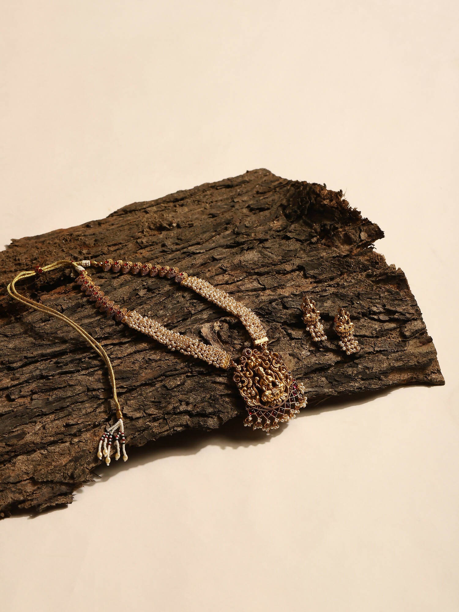 Gold-Plated Pink White Stones-Studded Beaded Jewellery Set - Ruby Raang - Distacart