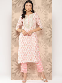 Thumbnail for Libas Women Peach-Coloured Floral Printed Gotta Patti Pure Silk Kurta with Trousers - Distacart