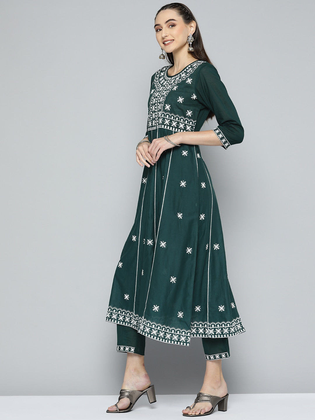 HERE&NOW Women Green & White Ethnic Motifs Embroidered Kurta with Trousers & With Dupatta - Distacart