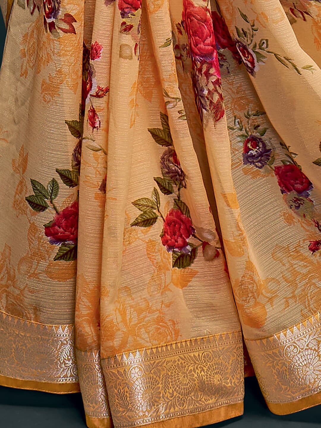 Saree Mall Yellow & Gold-Toned Floral Pure Georgette Banarasi Saree - Distacart