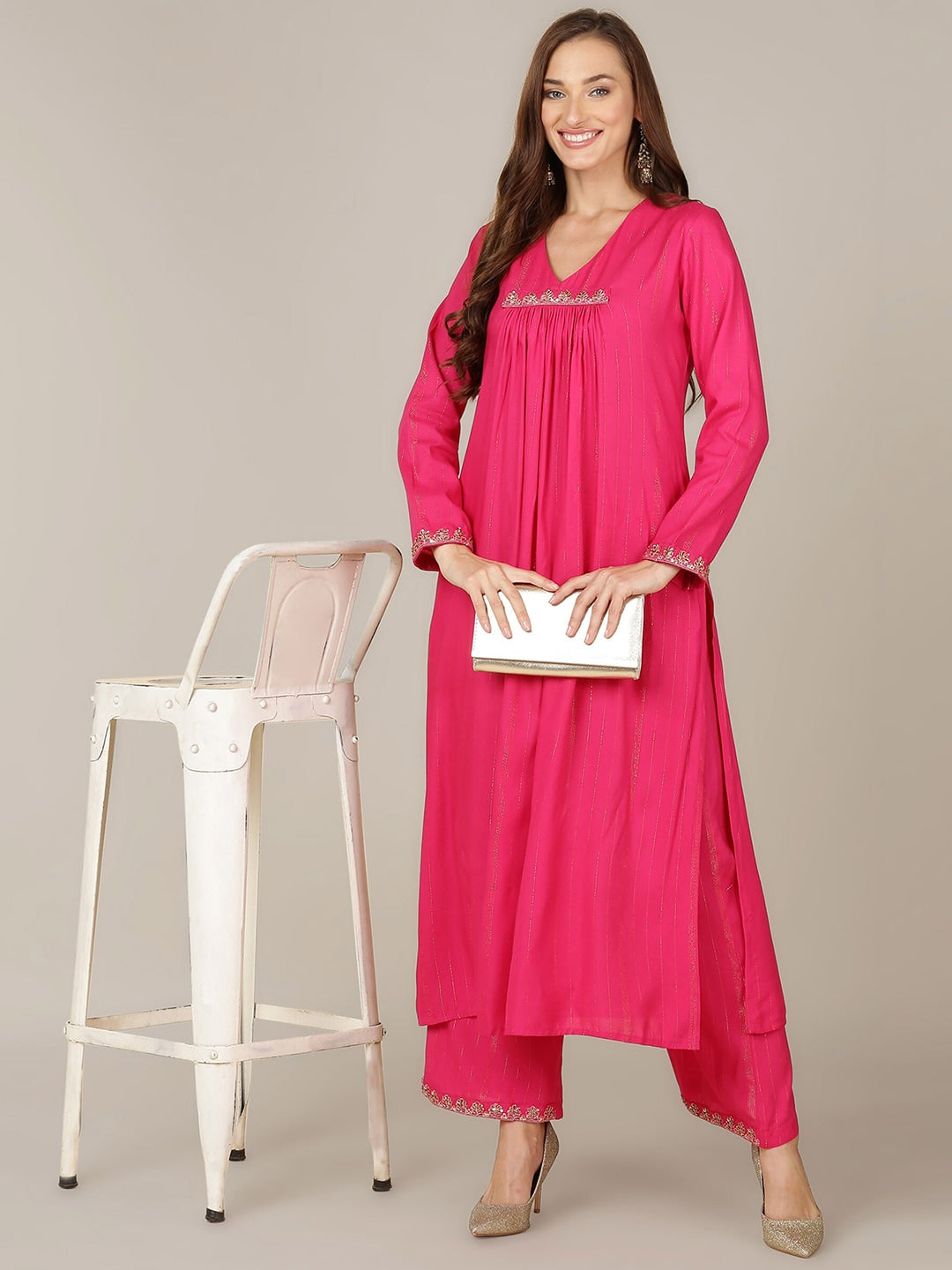 HERE&NOW V-Neck A-Line Bead Work Kurta with Palazzos - Distacart