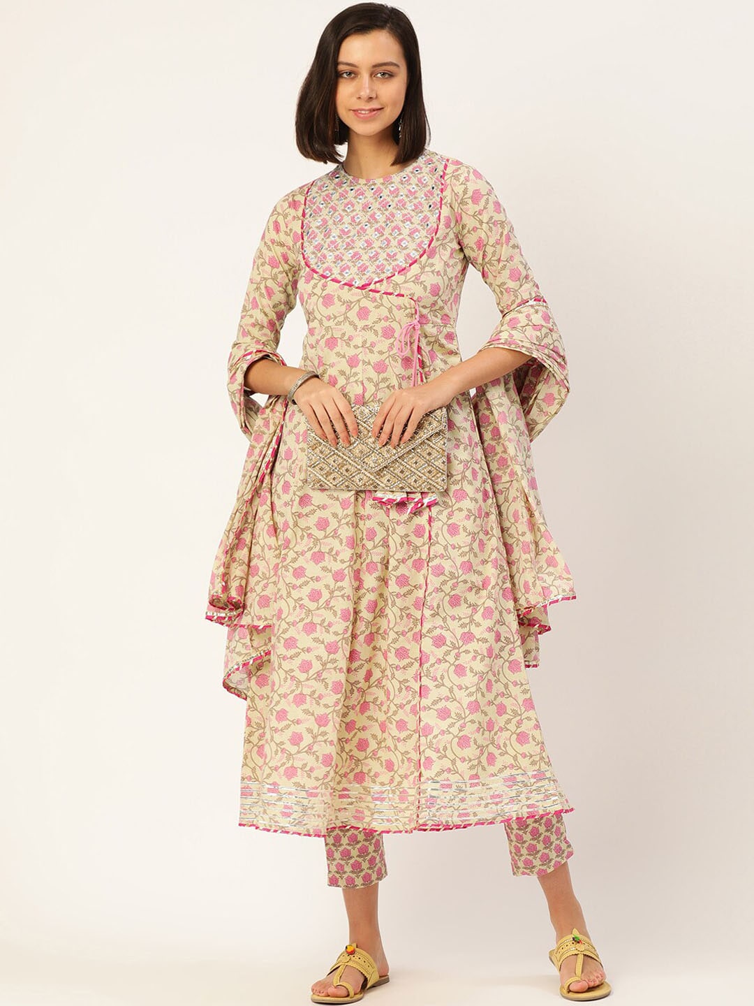 HERE&NOW Women Pink Floral Printed Angrakha Pure Cotton Kurta with Trousers & With Dupatta - Distacart