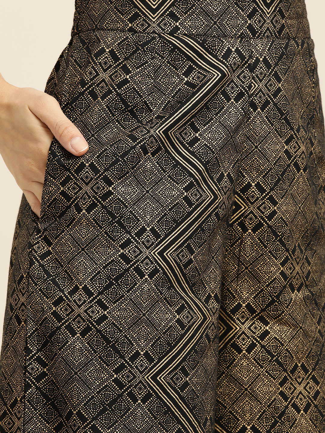 Sangria Women Black & Golden Ethnic Motifs Printed Pure Cotton Kurta with Palazzos - Distacart