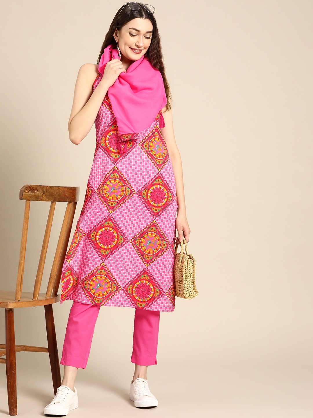 Sangria Women Pink Ethnic Motifs Printed Pure Cotton Kurta with Trousers & Dupatta - Distacart