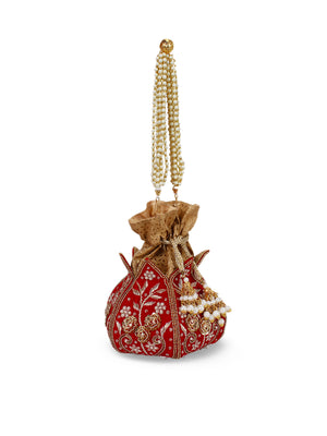 Anekaant Red & Gold-Toned Embroidered Potli Clutch - Distacart