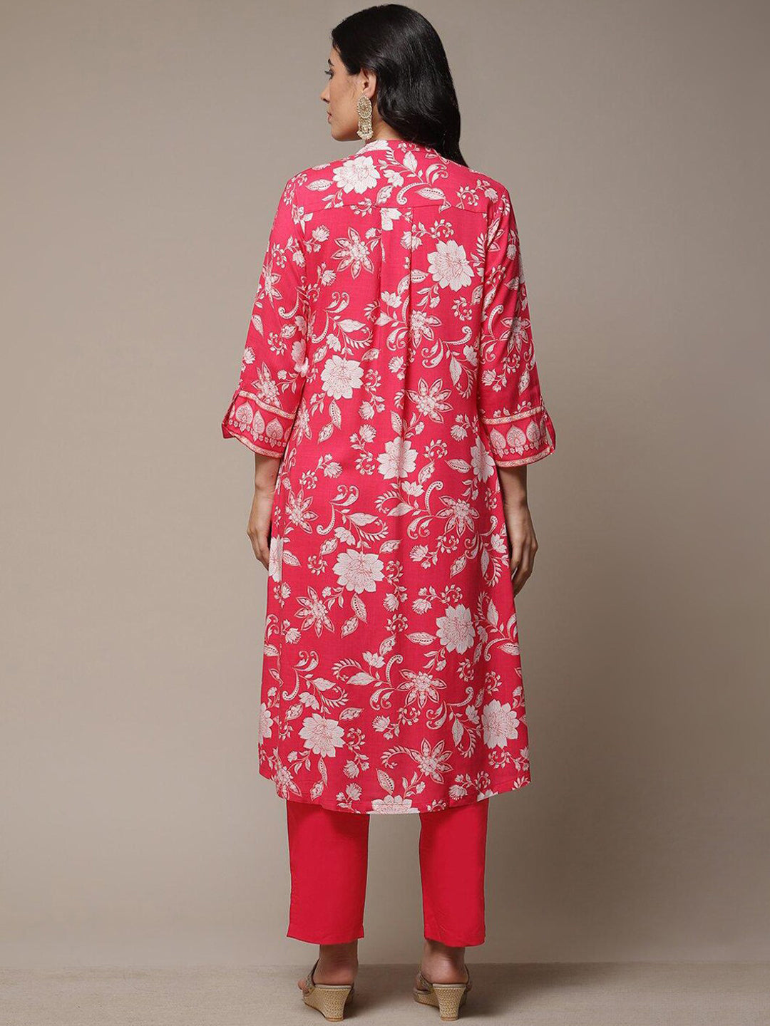 Biba Mandarin Collar Floral Printed A-Line Kurta - Distacart