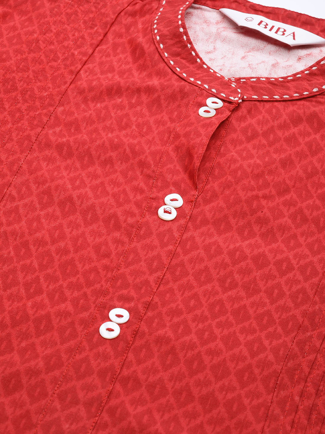 Biba Women Red & White Geometric Printed Kurta with Mask - Distacart