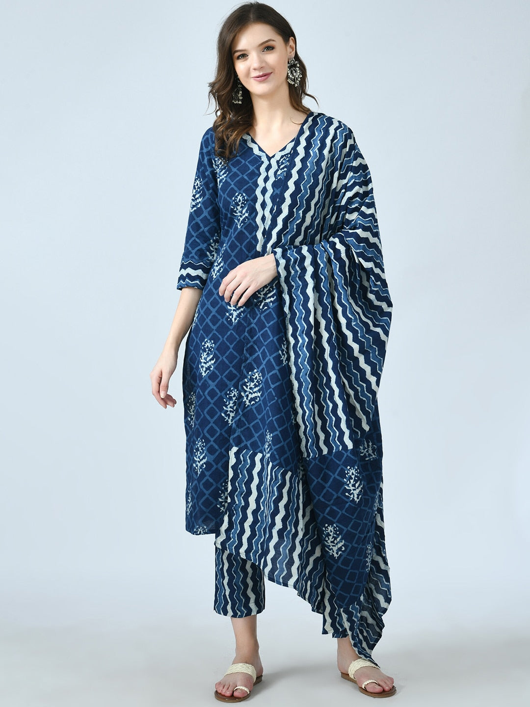 Kalini Floral Printed V Neck Pure Cotton Kurta With Trousers & Dupatta - Distacart