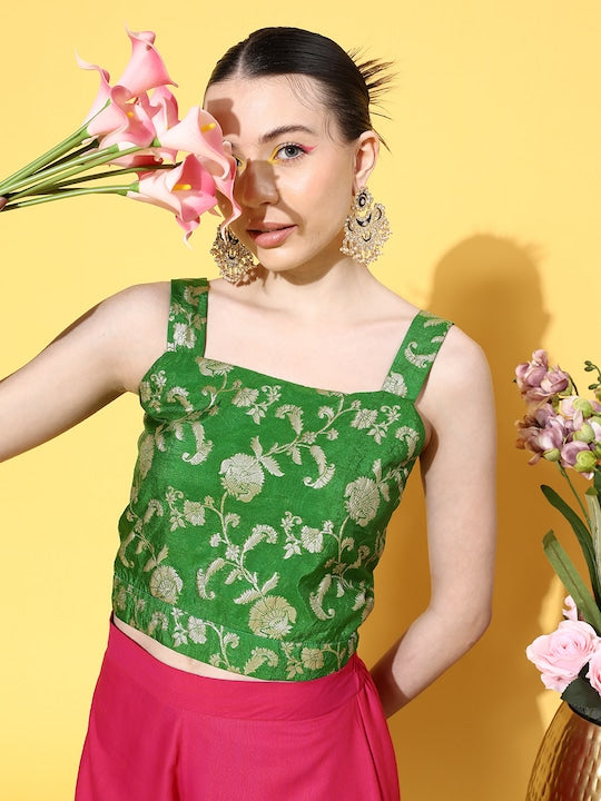 InWeave Women's Green Brocade Strappy Top W Fuchsia Green Brocade Palazzo Set - Distacart