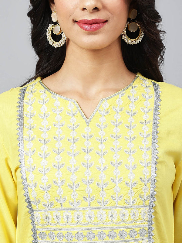 Khushal K Round Neck Thread Work Kurta with Palazzos & Dupatta - Distacart