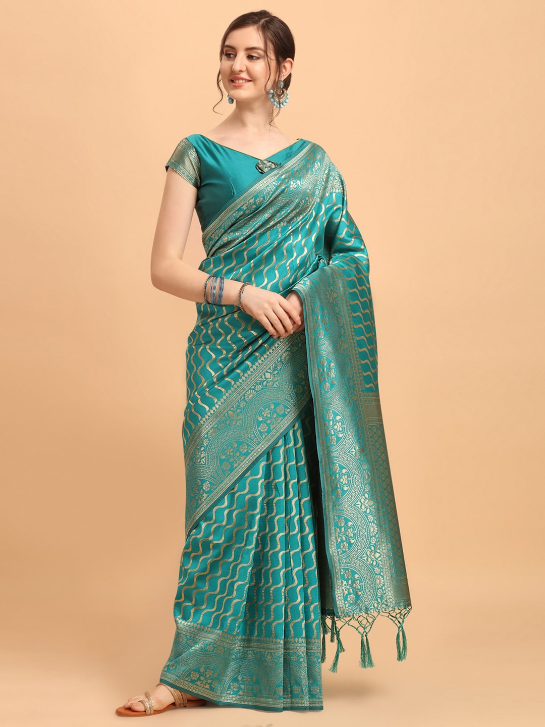 Mitera Green & Gold-Toned Silk Blend Fusion Leheriya Saree - Distacart