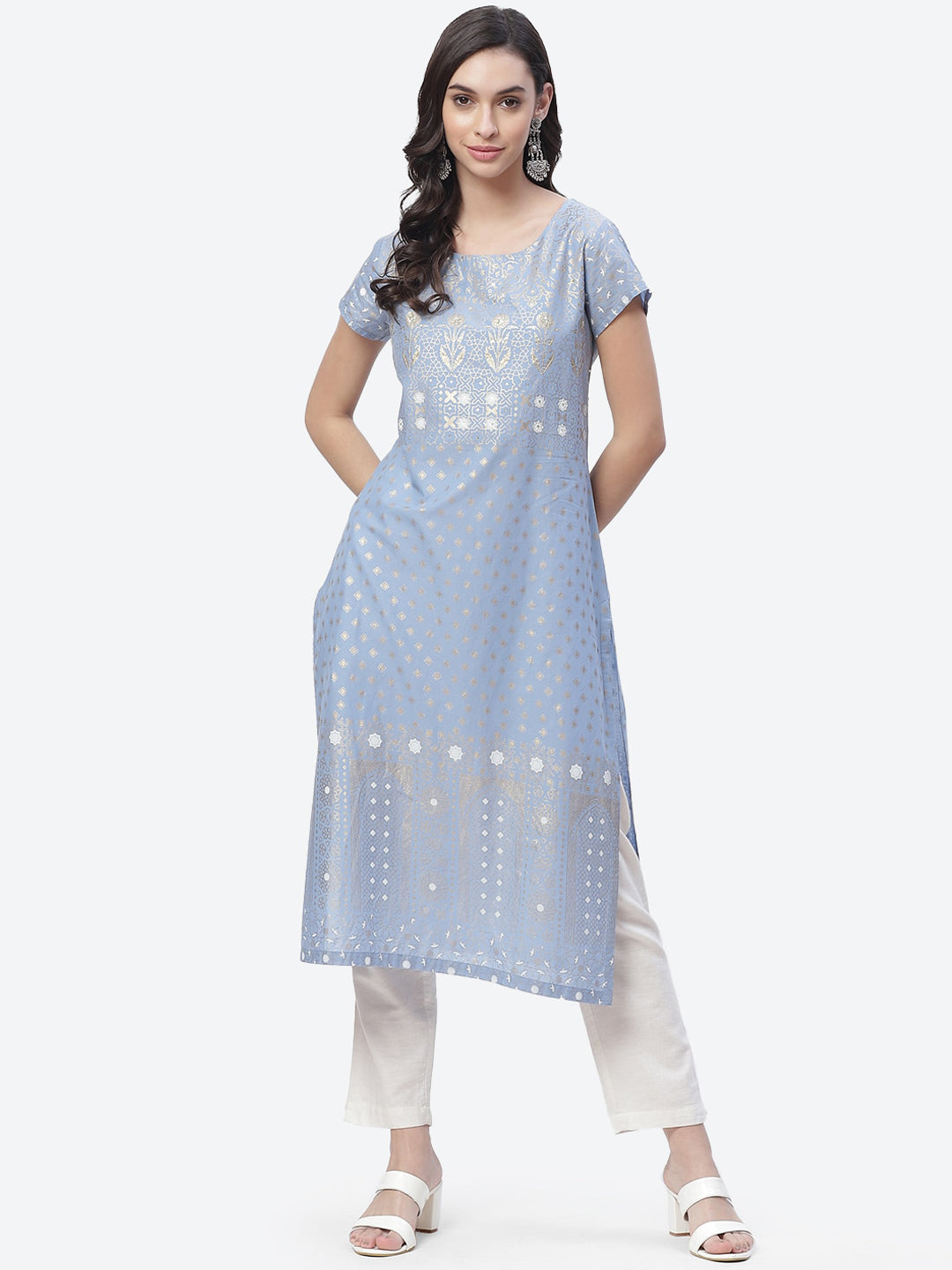 Biba Women Blue Ethnic Motifs Printed Cotton Kurta - Distacart