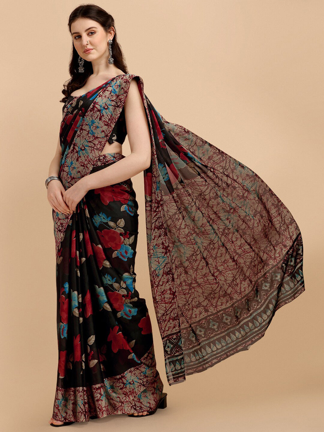 Kalini Black & Red Floral Printed Saree - Distacart