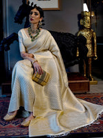 Thumbnail for Mitera Cream-Coloured & Gold-Toned Ethnic Motifs Zari Silk Blend Kanjeevaram Saree - Distacart