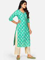 Thumbnail for Kalini Women Sea Green & White Ethnic Motifs Printed Mirror Work Kurta - Distacart