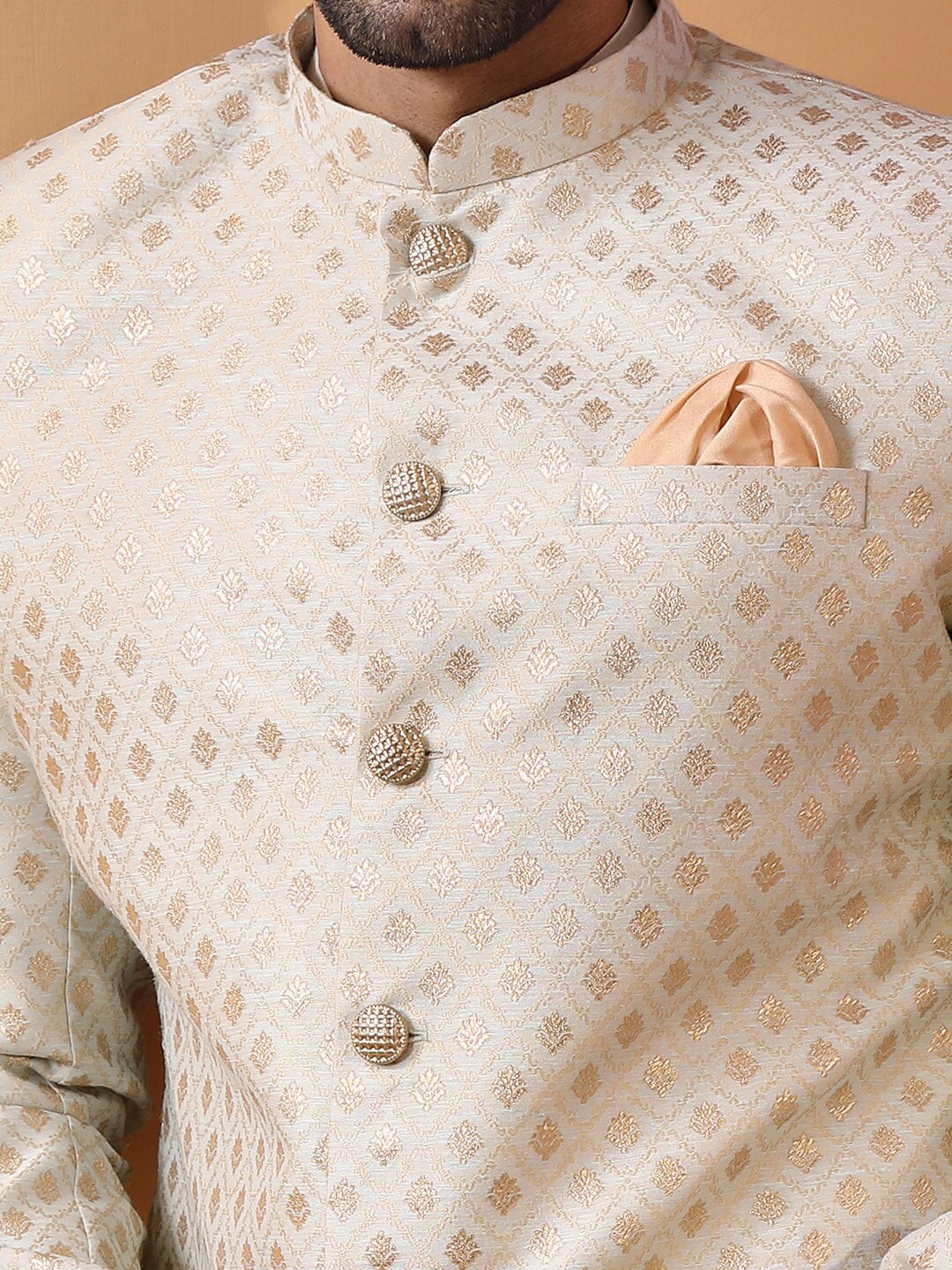 KISAH Ethnic Motifs Woven Design Mandarin Collar Sherwani Set - Distacart