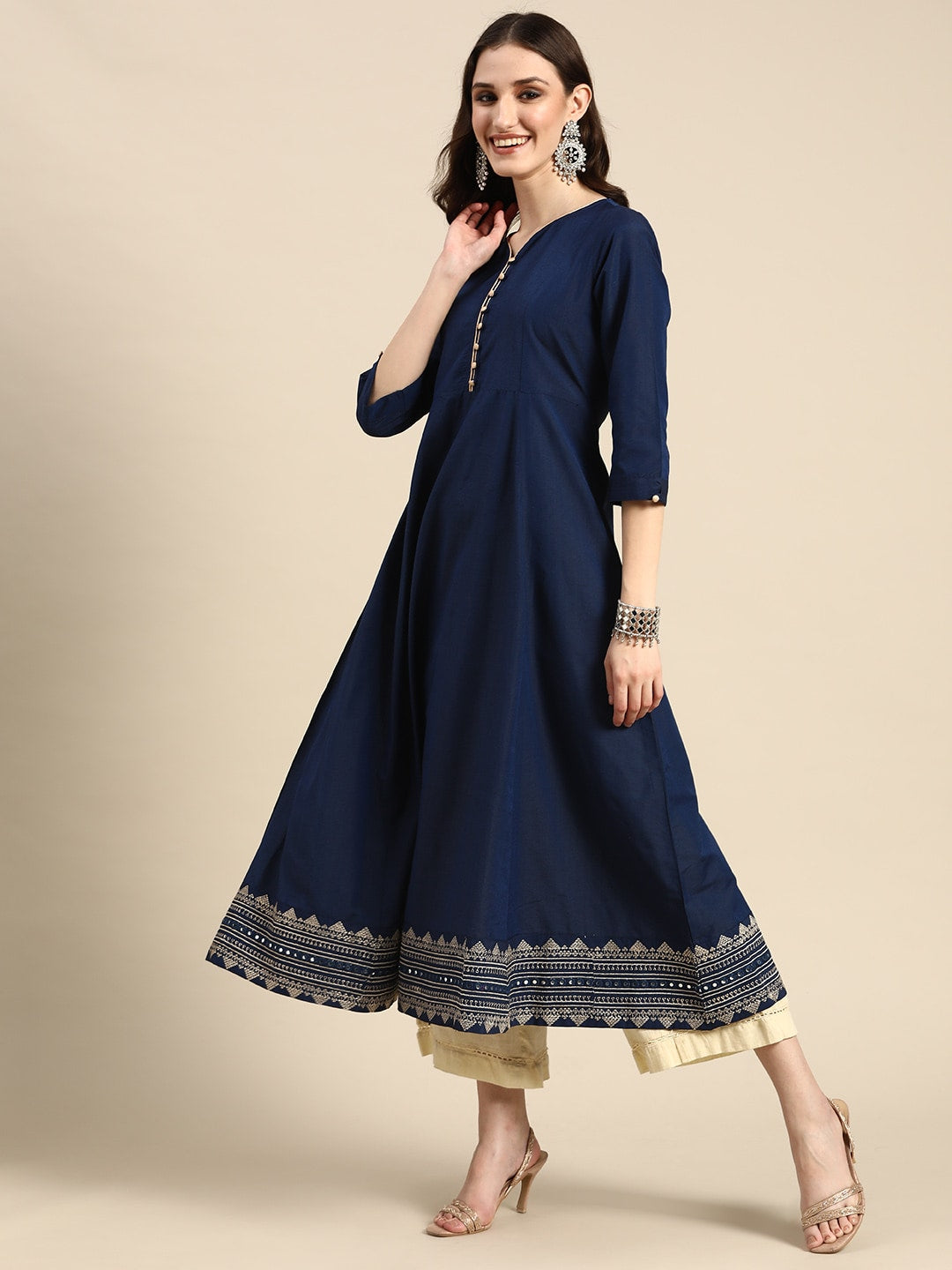 Sangria Women Navy Blue Beige Embroidered Anarkali Kurta with Dupatta