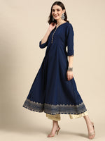 Thumbnail for Sangria Women Navy Blue & Beige Embroidered Anarkali Kurta with Dupatta - Distacart