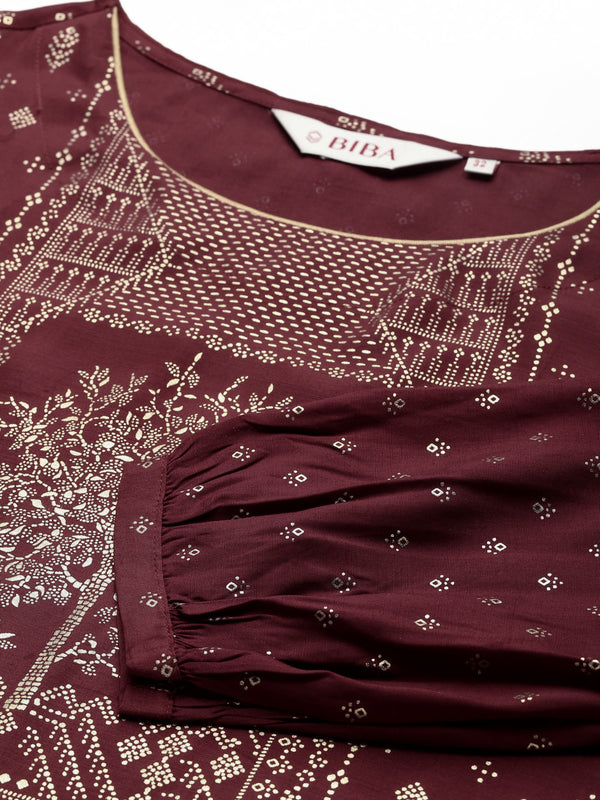 Biba Women Maroon & Golden Printed Straight Kurta - Distacart