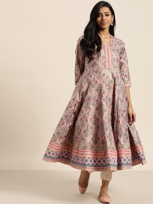 Sangria Women Pink & Green Ethnic Print Anarkali Kurta - Distacart