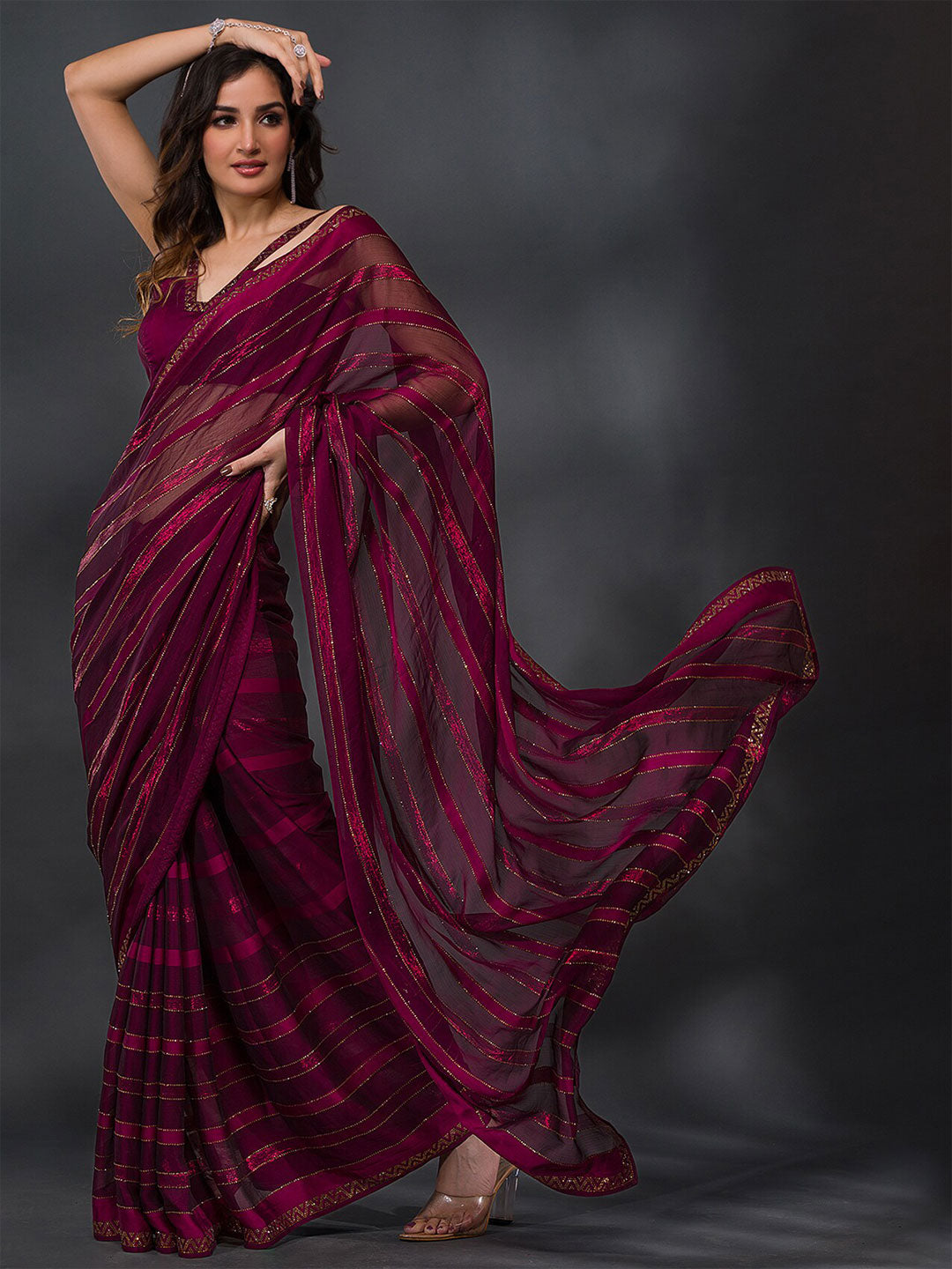 Koskii Striped Beads and Stones Tissue Saree - Distacart
