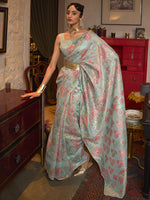 Thumbnail for Mitera Turquoise Blue & Pink Floral Zari Silk Blend Banarasi Saree - Distacart
