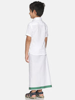 Thumbnail for Sethukrishna Boys White & Green Pure Cotton Solid Shirt and Veshti Set - Distacart