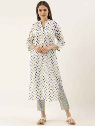 Sangria Women White Printed Pure Cotton Kurta with Trousers - Distacart