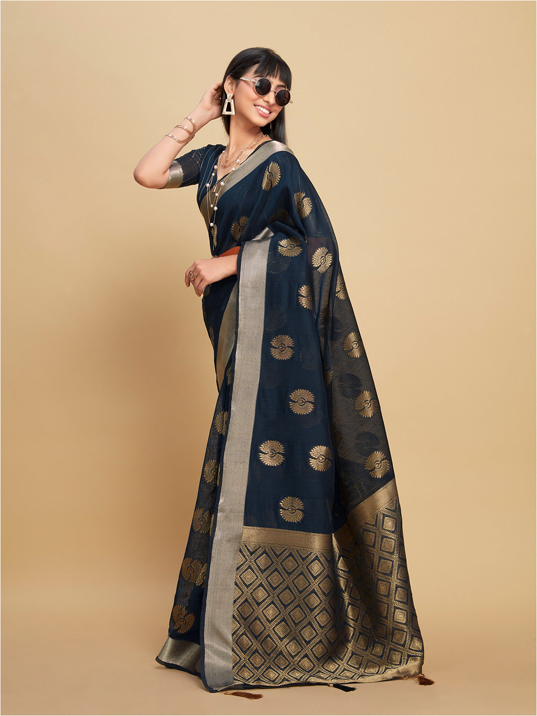 Sangria Navy Blue Ethnic Motifs Woven Design Zari Saree - Distacart