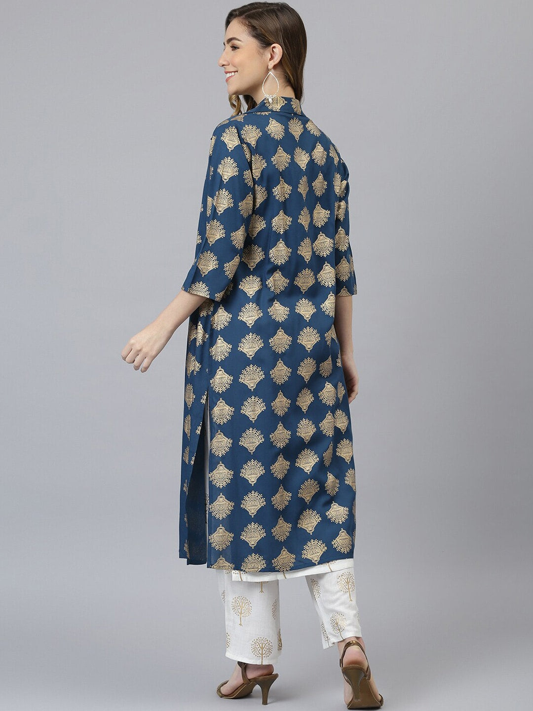 Khushal K Women Blue Ethnic Motifs Printed Kurta & Palazzos with Jacket - Distacart