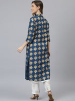 Thumbnail for Khushal K Women Blue Ethnic Motifs Printed Kurta & Palazzos with Jacket - Distacart