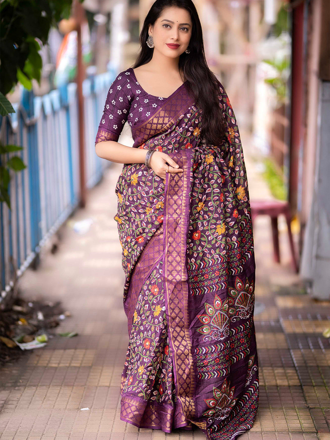 Mitera Purple Kalamkari Printed Zari Woven Design Saree - Distacart
