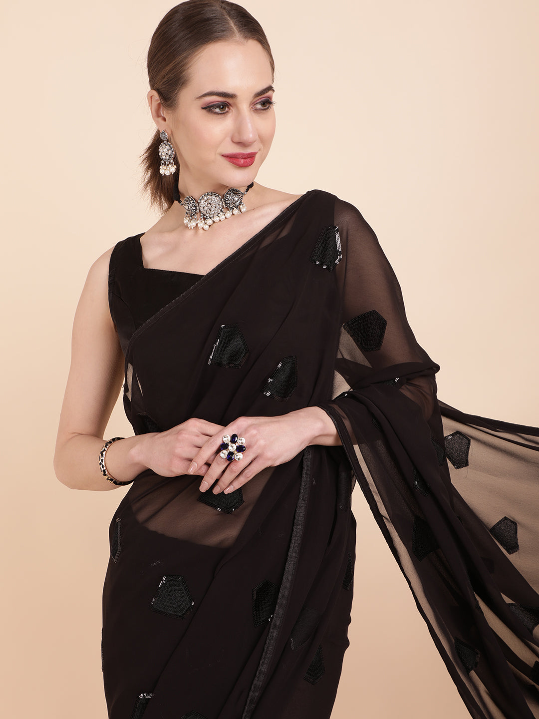 Sangria Black Embellished Sequinned Pure Georgette Saree - Distacart